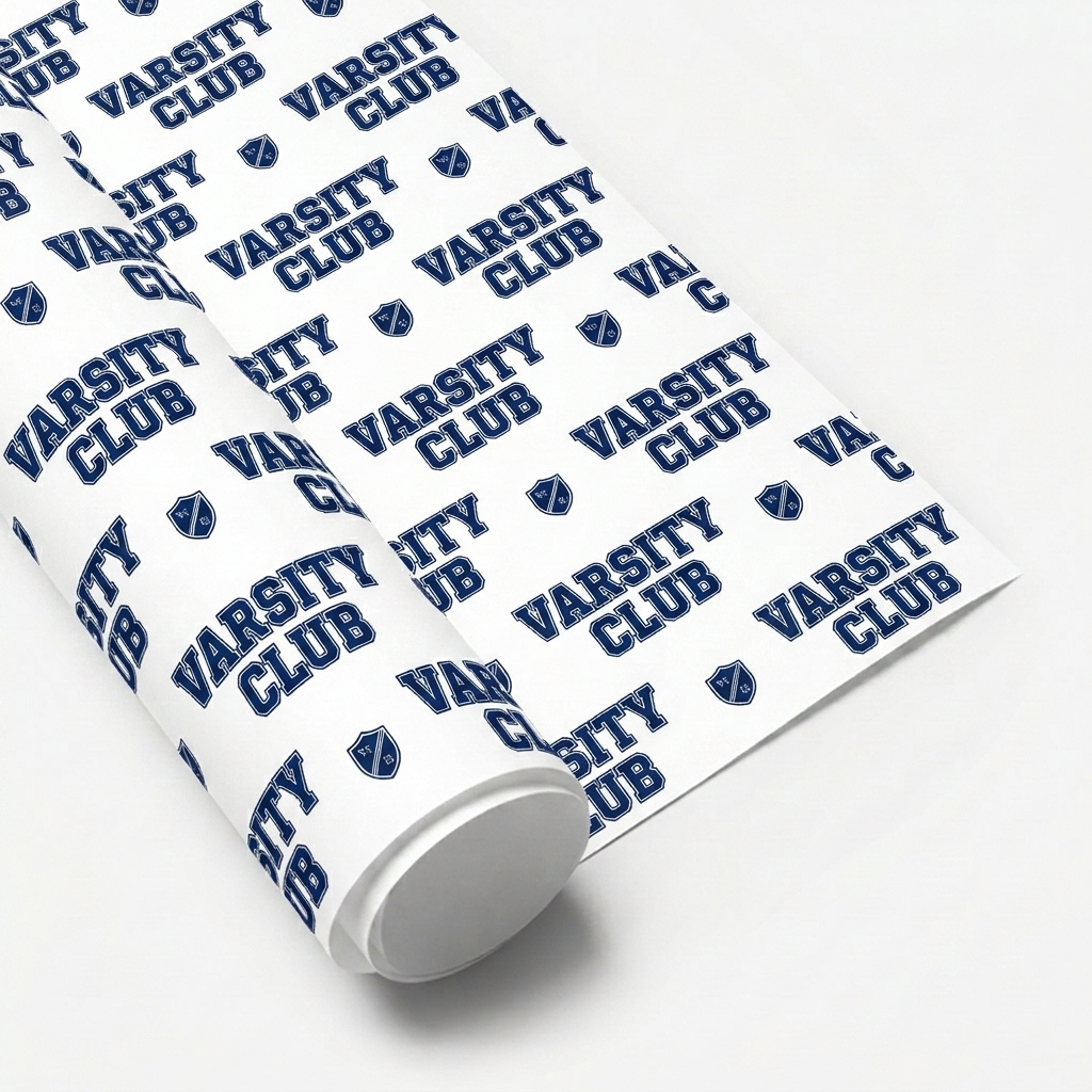 Custom Custom Wrapping Paper Sheets design direction 3: Vintage Campus Pattern featuring the VARSITY CLUB wordmark