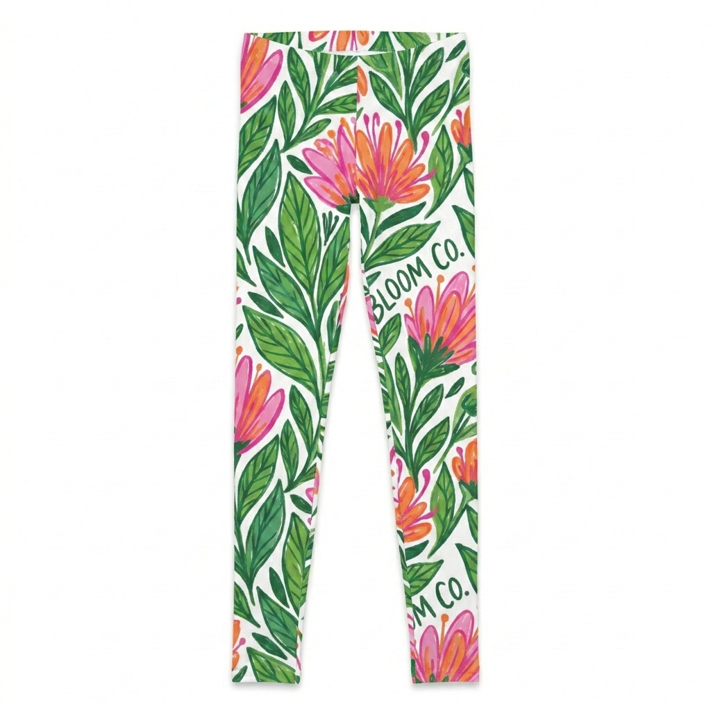 Custom Youth All-Over Print Leggings design direction 2: Vibrant Botanical Illustration featuring the BLOOM CO. wordmark