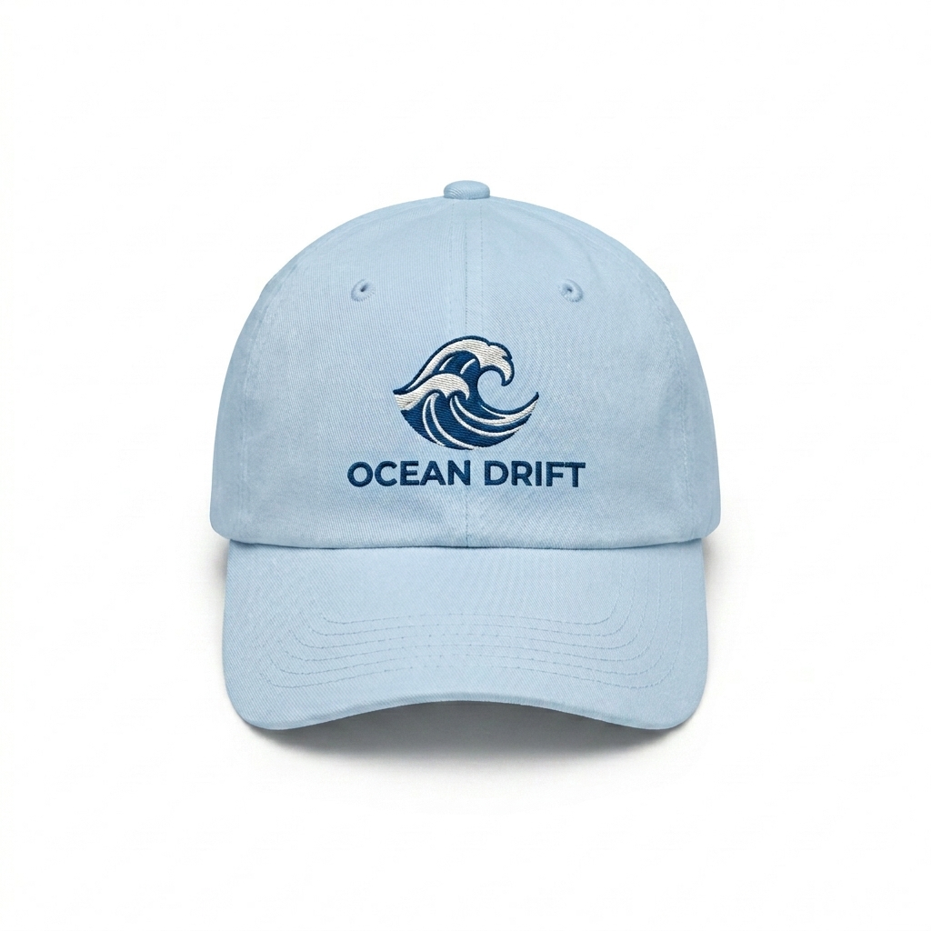 Custom Youth Baseball Cap design direction 3: Abstract Wave Graphic featuring the OCEAN DRIFT wordmark