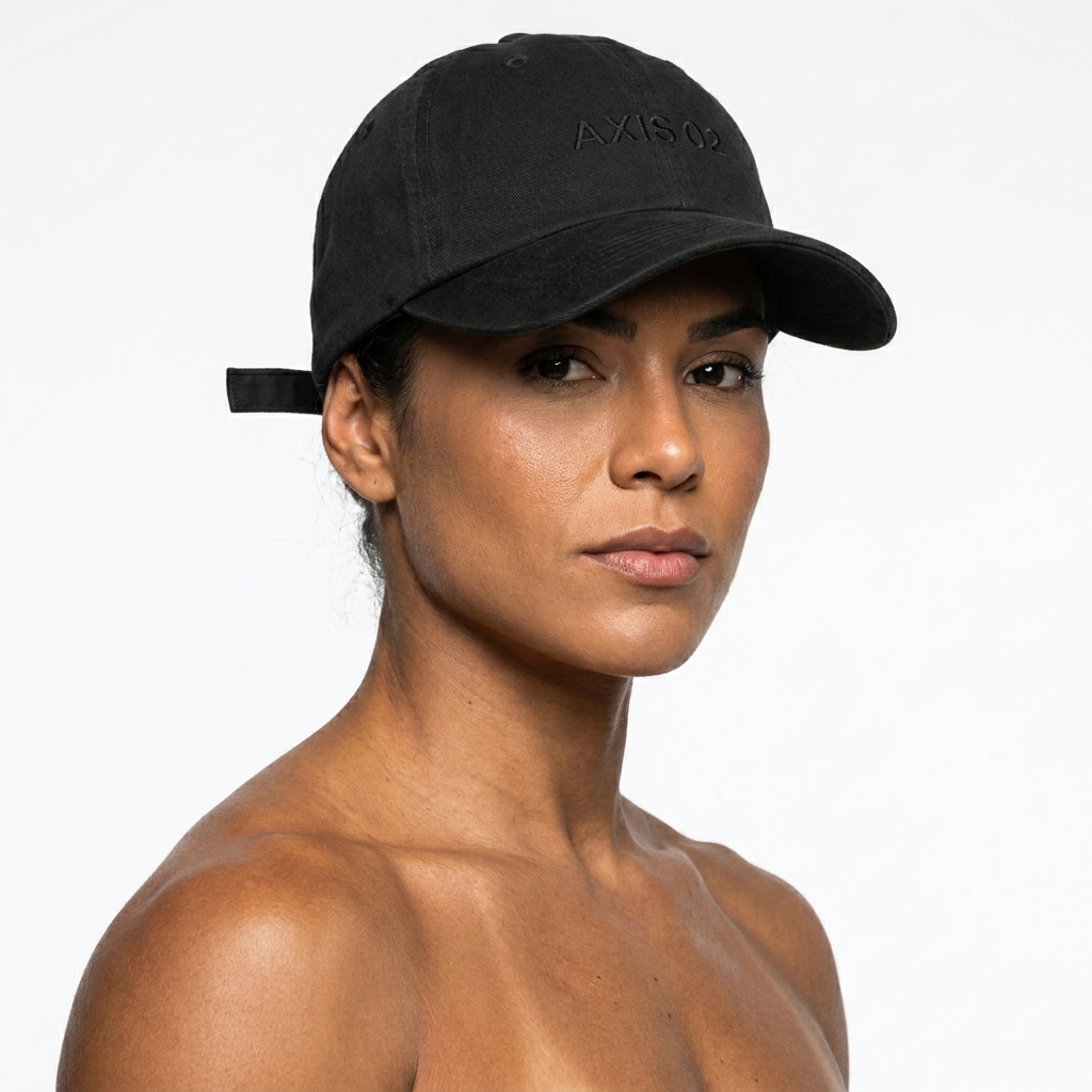 Youth Baseball Cap worn by a athletic muscular Brazilian female fashion influencer, gorpcore outdoor styling, studio lookbook — custom youth baseball cap