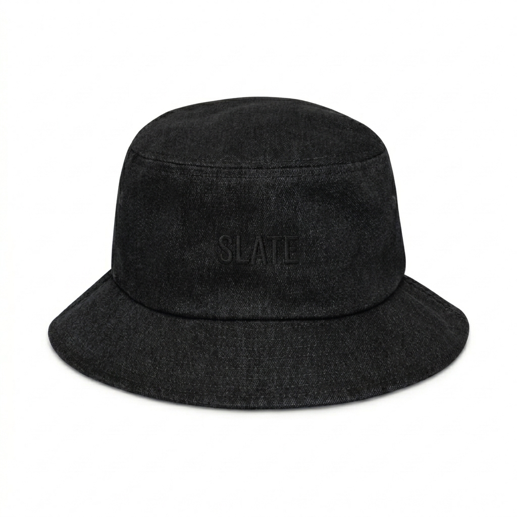 Custom Denim Bucket Hat design direction 1: Tonal Identity featuring the SLATE wordmark