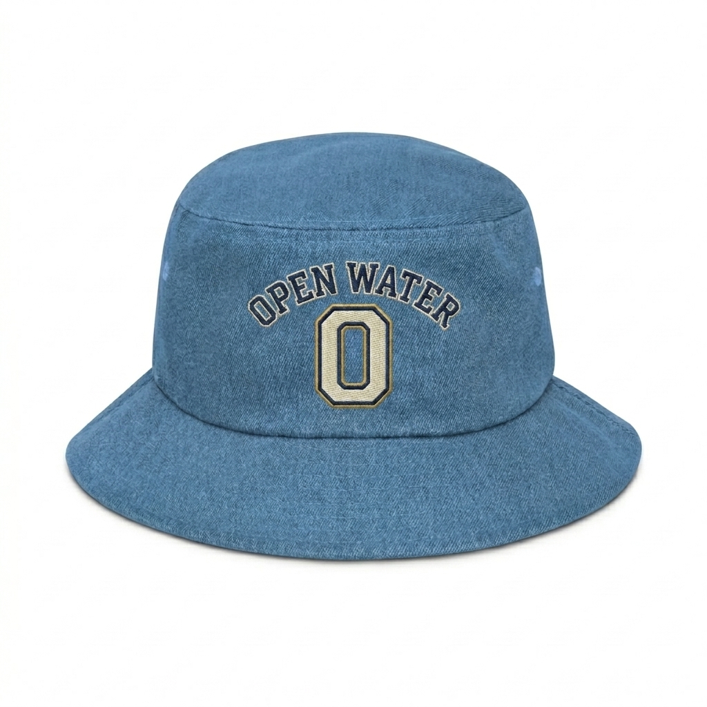 Custom Denim Bucket Hat design direction 2: Varsity Emblem featuring the OPEN WATER wordmark