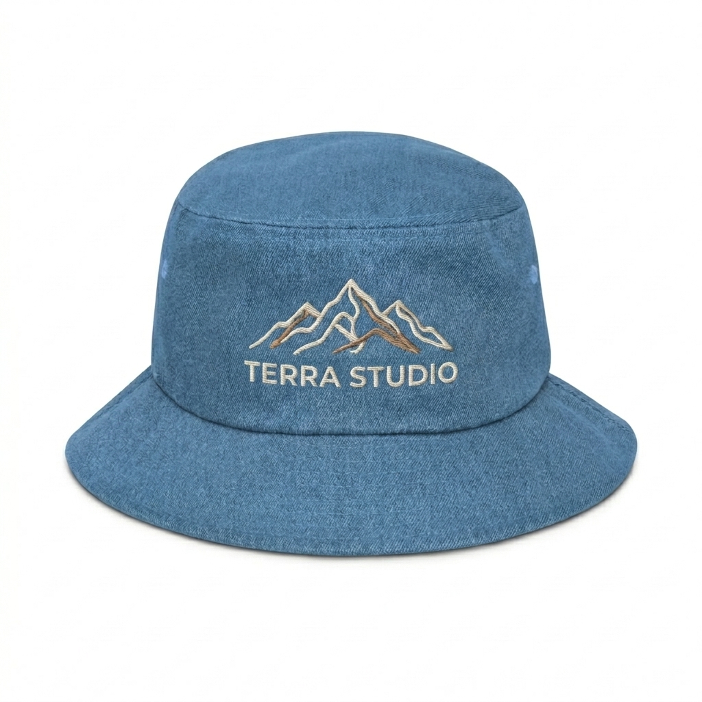 Custom Denim Bucket Hat design direction 3: Abstract Line Art featuring the TERRA STUDIO wordmark