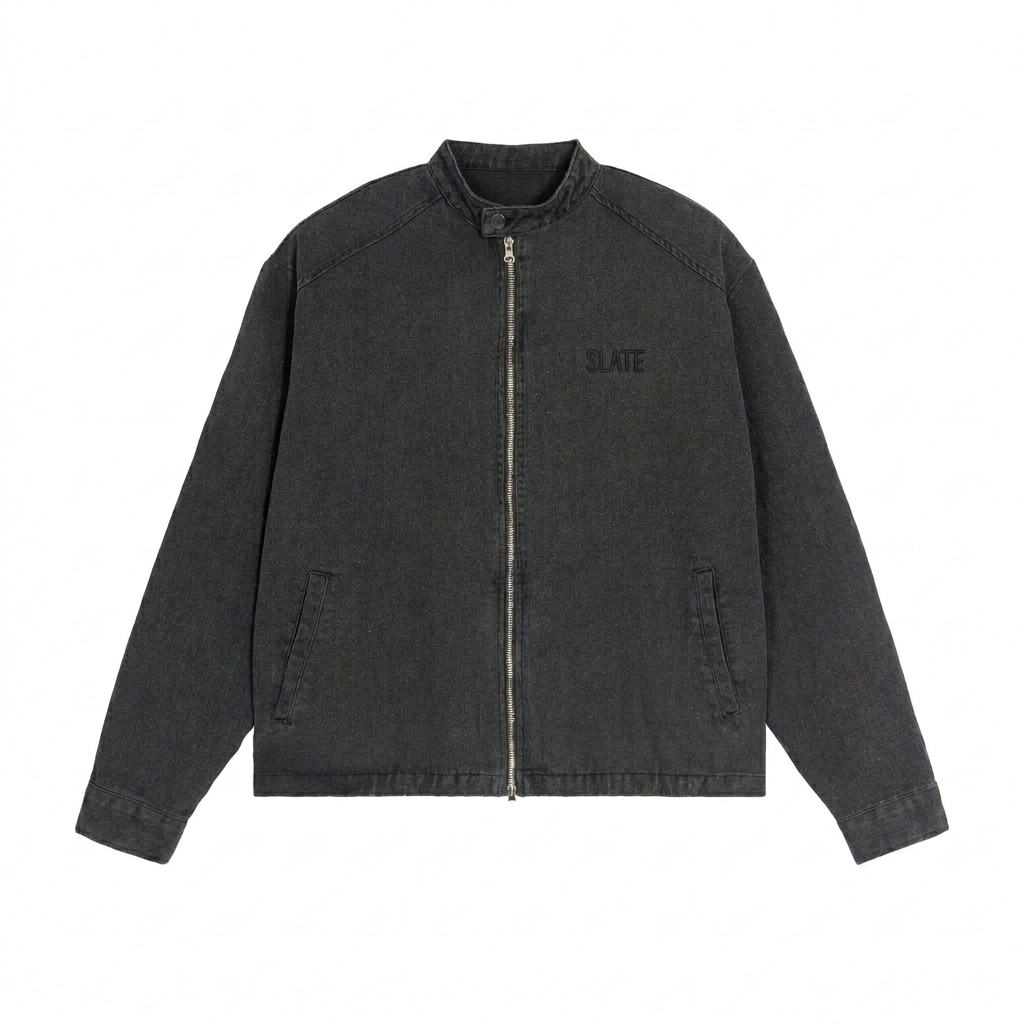 Custom Denim Vintage Washed Jacket design direction 1: Tonal Left Chest Wordmark featuring the SLATE wordmark
