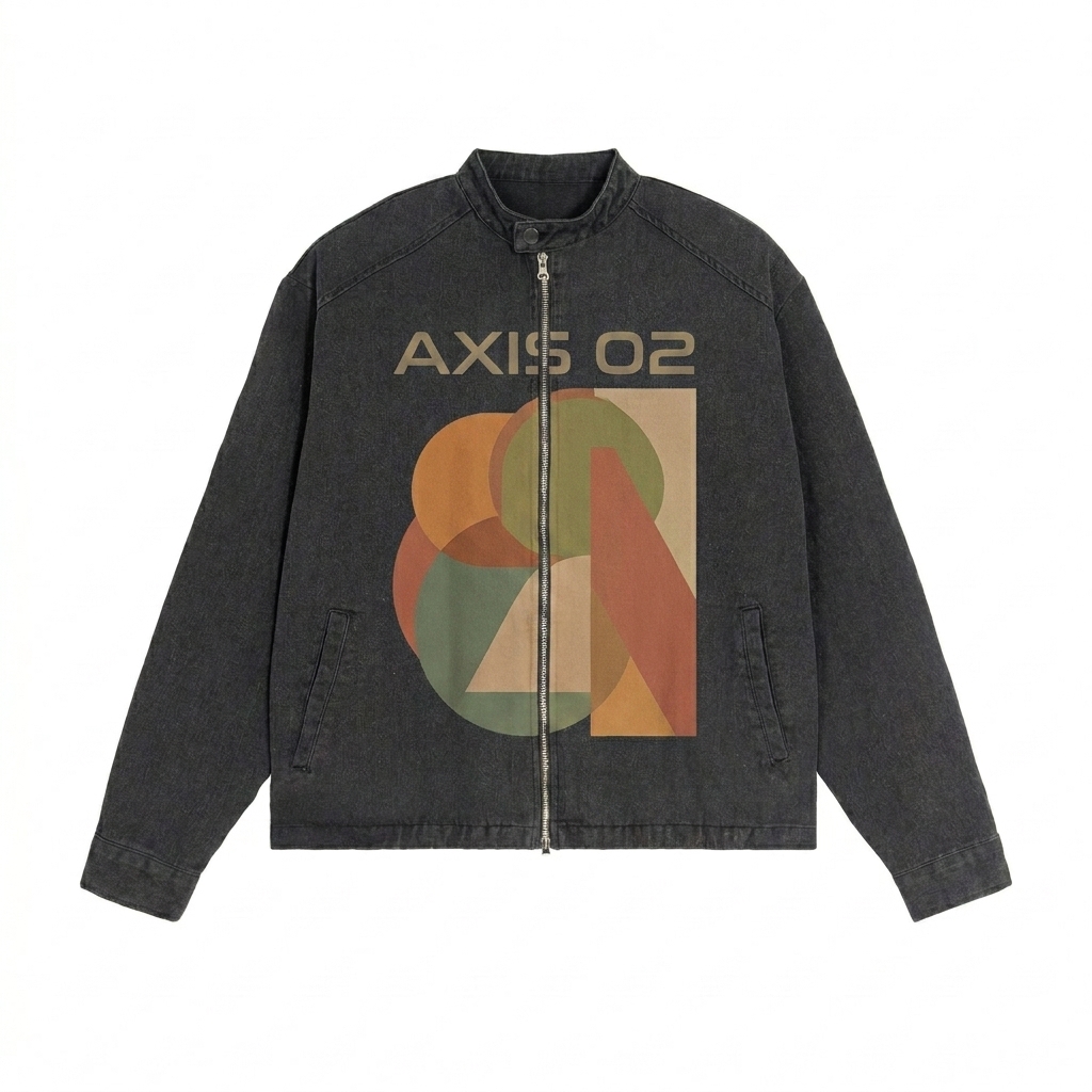 Custom Denim Vintage Washed Jacket design direction 2: Abstract Geometric Chest Graphic featuring the AXIS 02 wordmark