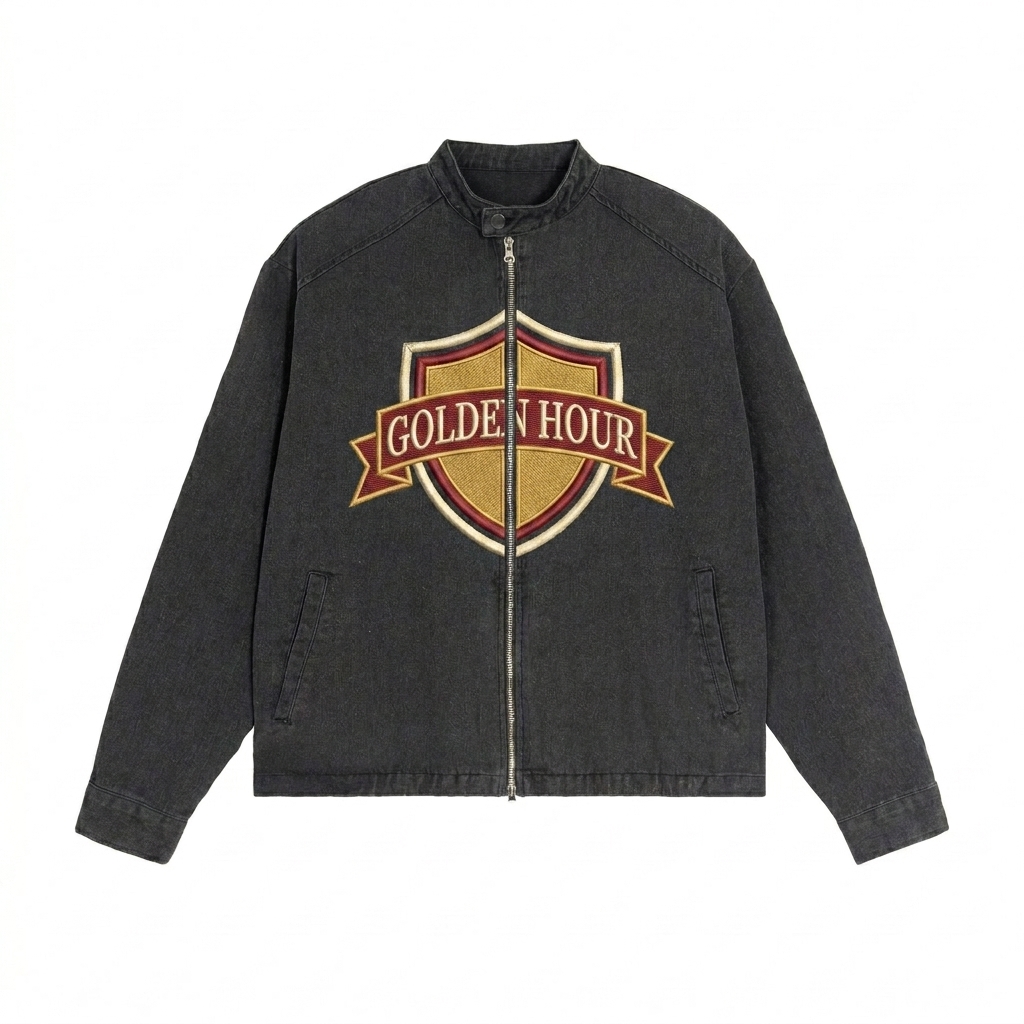 Custom Denim Vintage Washed Jacket design direction 3: Collegiate-Inspired Emblem featuring the GOLDEN HOUR wordmark