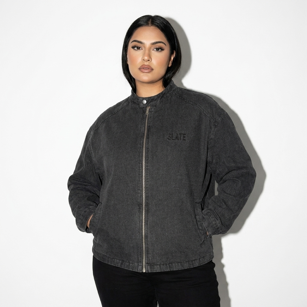 Denim Vintage Washed Jacket worn by a curvy Pakistani female fashion influencer, preppy ivy styling, studio lookbook — custom denim vintage washed jacket