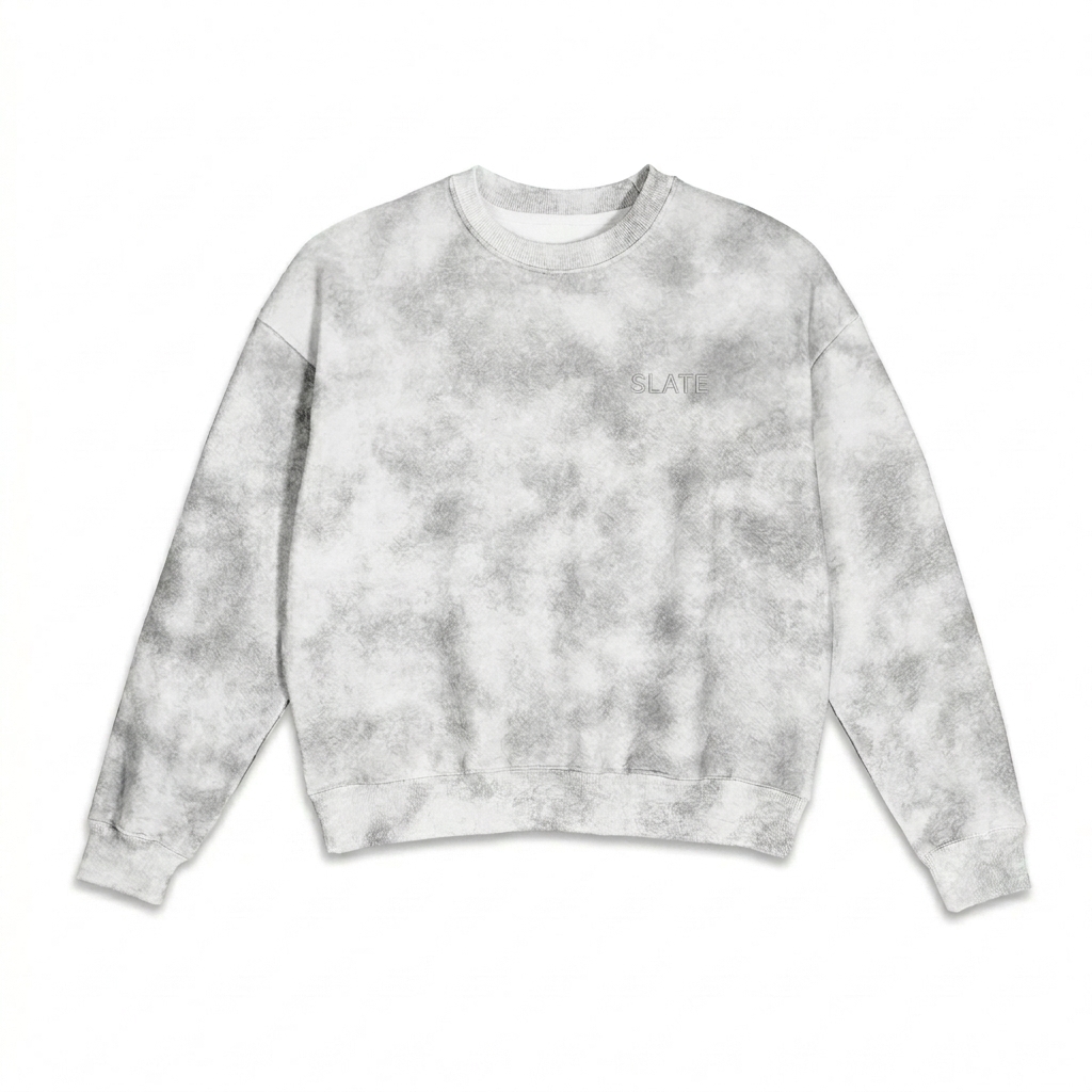 Custom Dirty Washed Boxy Crewneck design direction 1: Subtle Tonal Embroidery featuring the SLATE wordmark