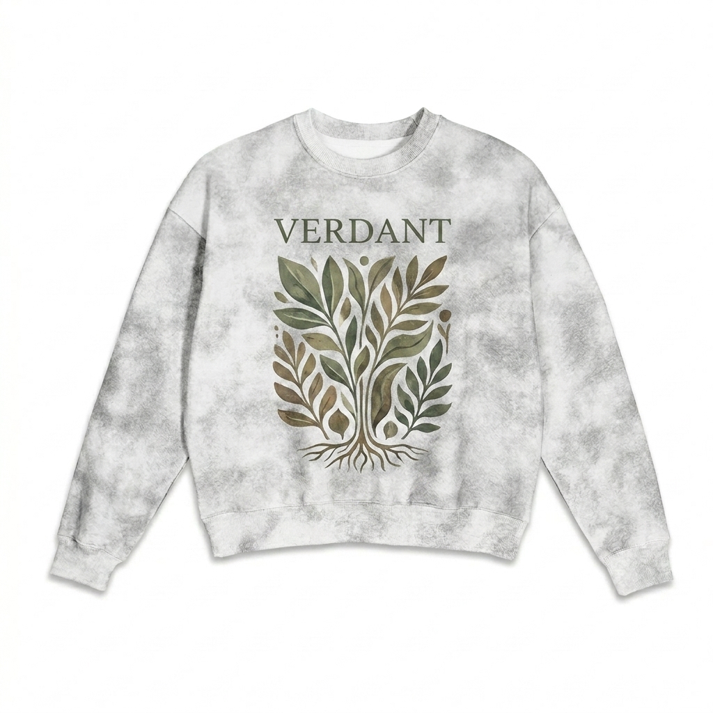 Custom Dirty Washed Boxy Crewneck design direction 2: Bold Graphic Statement featuring the VERDANT wordmark