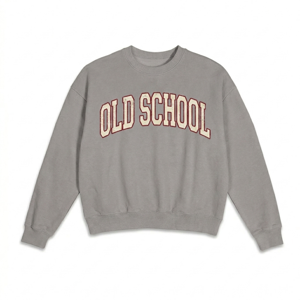 Custom Dirty Washed Boxy Crewneck design direction 3: Retro Collegiate Emblem featuring the OLD SCHOOL wordmark