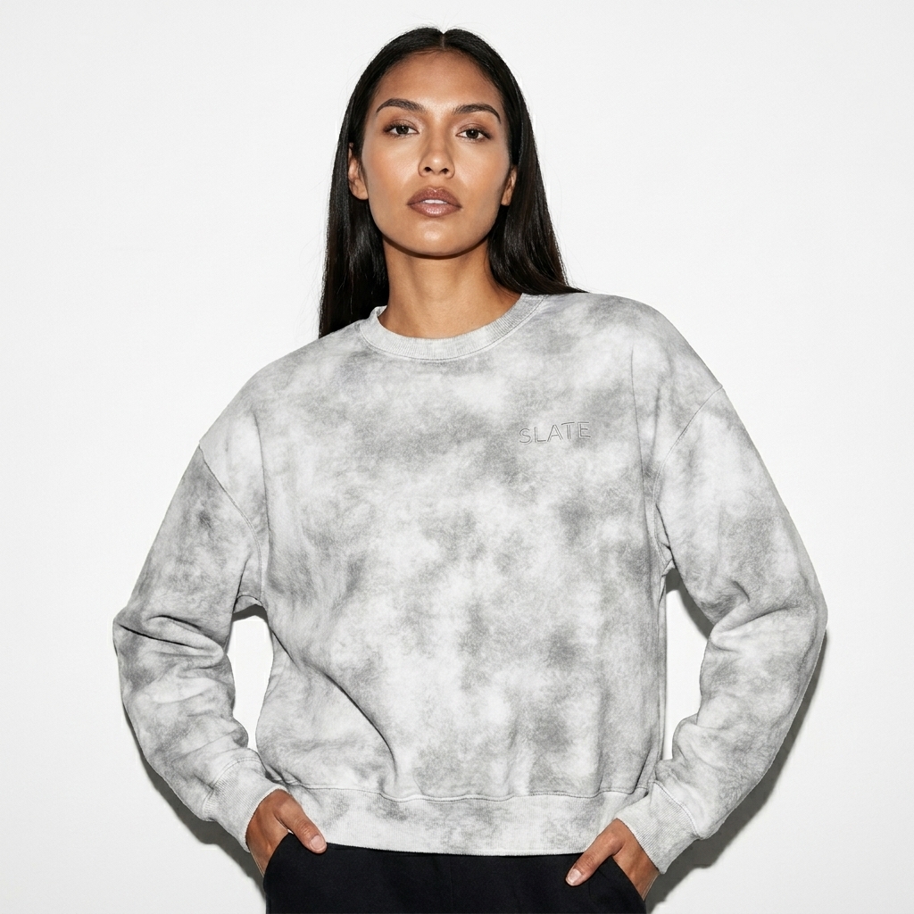 Dirty Washed Boxy Crewneck worn by a slim tall Indigenous American female fashion influencer, editorial avant-garde styling, studio lookbook — custom dirty washed boxy crewneck