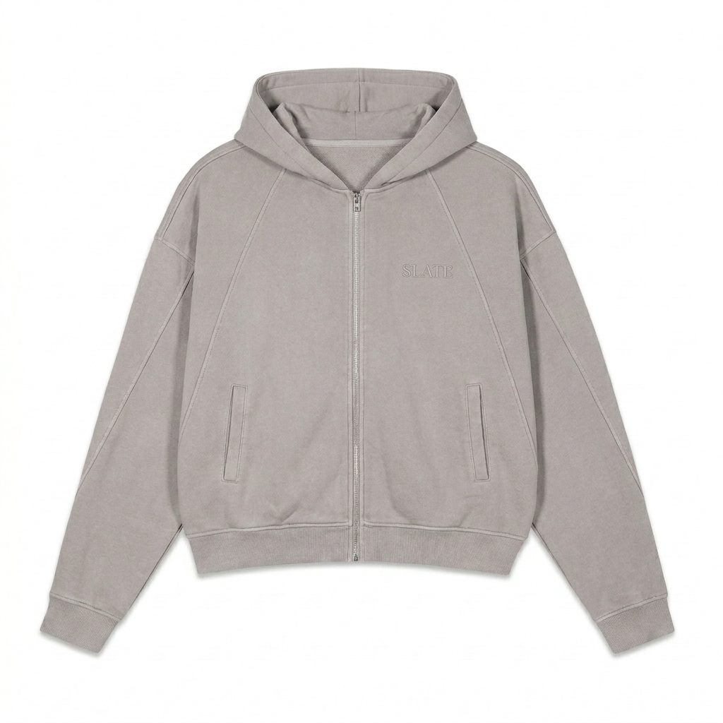 Custom Dirty Washed Zip-Up Hoodie design direction 1: Tonal Minimalist Wordmark featuring the SLATE wordmark