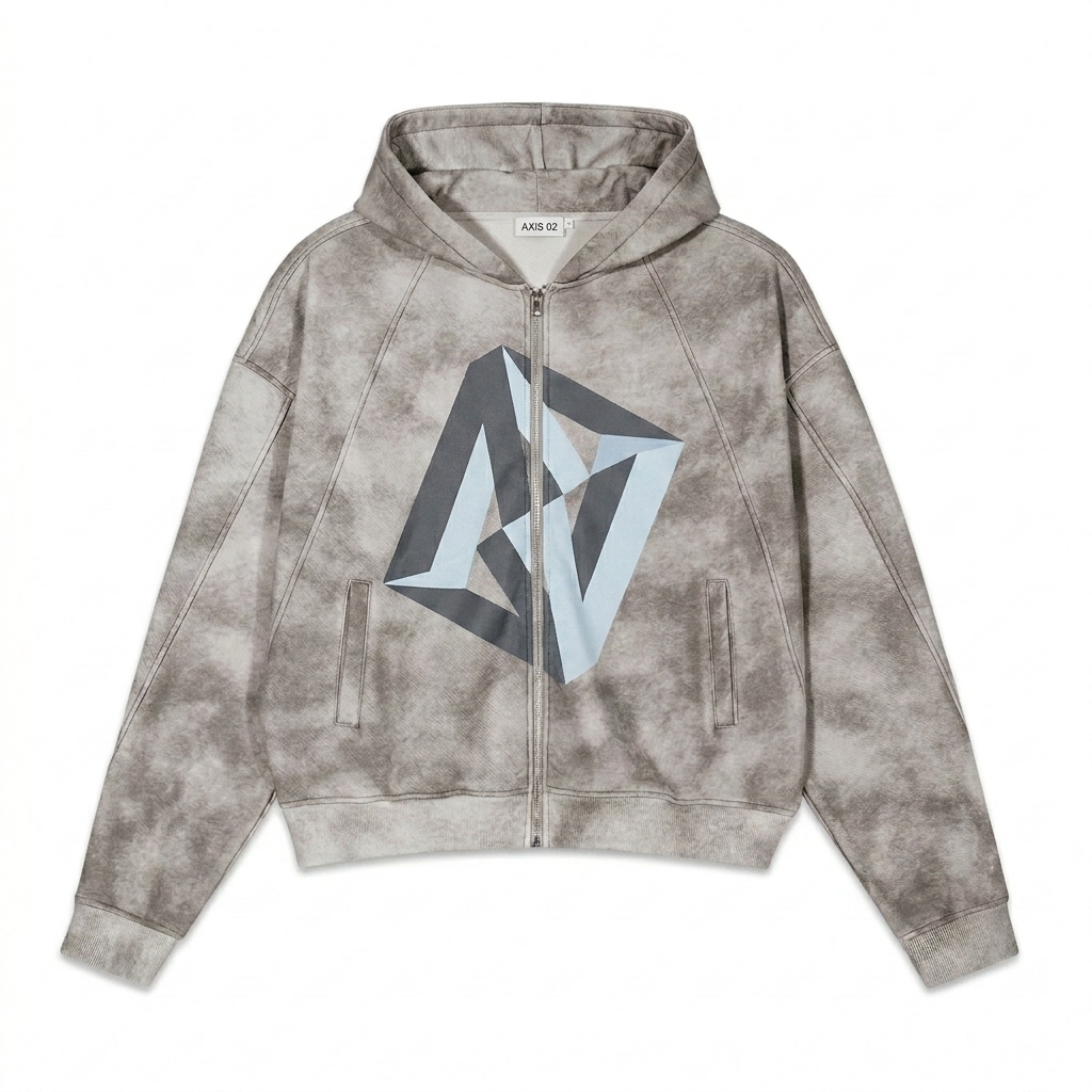 Custom Dirty Washed Zip-Up Hoodie design direction 2: Bold Abstract Graphic featuring the AXIS 02 wordmark
