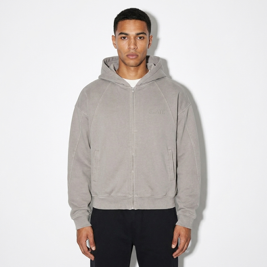 Dirty Washed Zip-Up Hoodie worn by a lean Mixed-race male fashion influencer, editorial avant-garde styling, studio lookbook — custom dirty washed zip-up hoodie