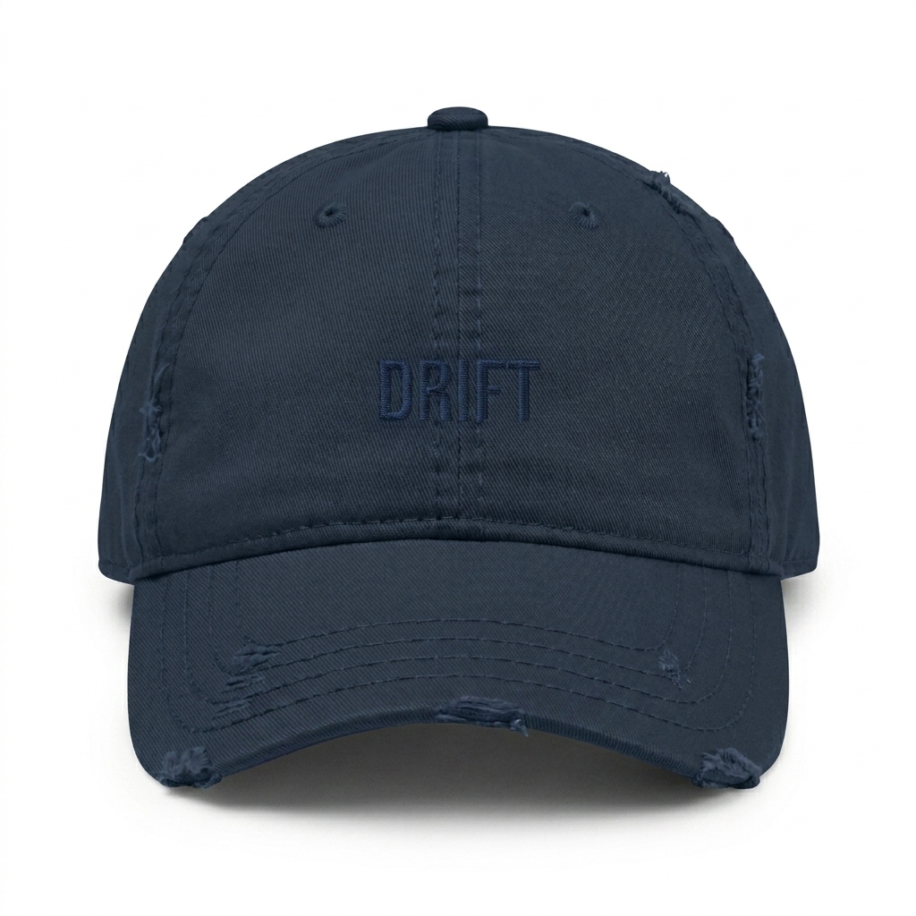 Custom Distressed Dad Hat design direction 1: Subtle Tonal Embroidery featuring the DRIFT wordmark