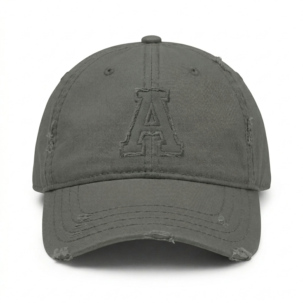 Custom Distressed Dad Hat design direction 2: Vintage Collegiate Patch featuring the ACADEMIA wordmark