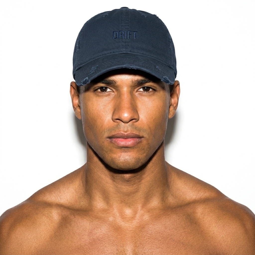 Distressed Dad Hat worn by a athletic muscular Brazilian male fashion influencer, techwear modern styling, studio lookbook — custom distressed dad hat