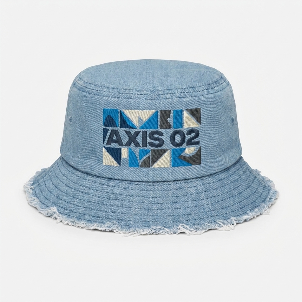 Custom Distressed Denim Bucket Hat design direction 2: Bold Geometric Graphic featuring the AXIS 02 wordmark