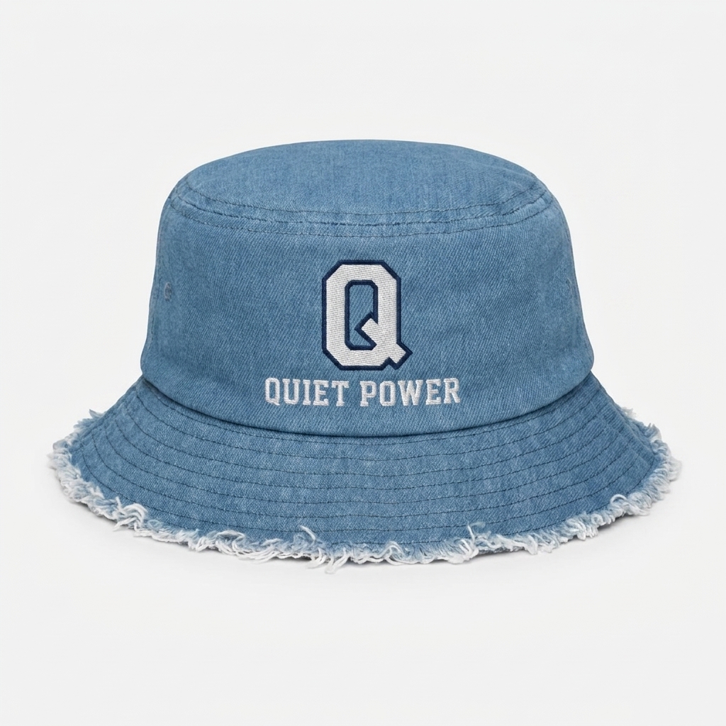 Custom Distressed Denim Bucket Hat design direction 3: Retro Collegiate Emblem featuring the QUIET POWER wordmark