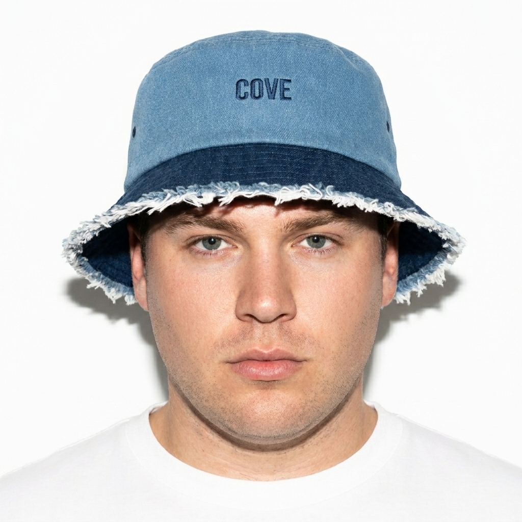 Distressed Denim Bucket Hat worn by a curvy White American male fashion influencer, sporty athleisure styling, studio lookbook — custom distressed denim bucket hat