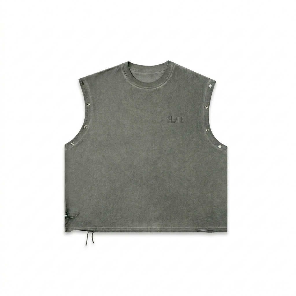 Custom Distressed Grommet Tank Top design direction 1: Subtle Tonal Identity featuring the SLATE wordmark