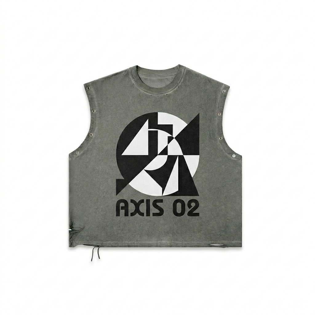 Custom Distressed Grommet Tank Top design direction 2: Abstract Geometric Graphic featuring the AXIS 02 wordmark