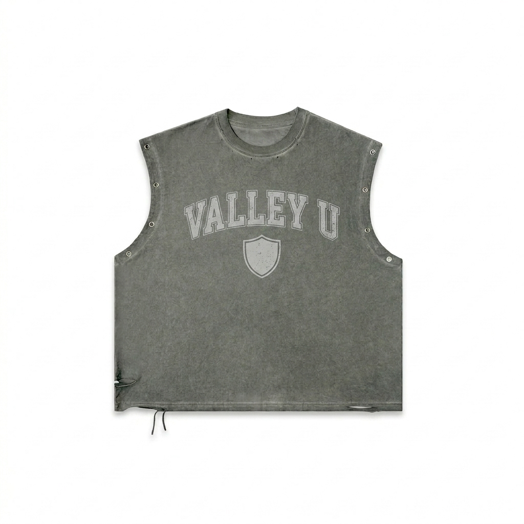 Custom Distressed Grommet Tank Top design direction 3: Vintage Collegiate Emblem featuring the VALLEY U wordmark