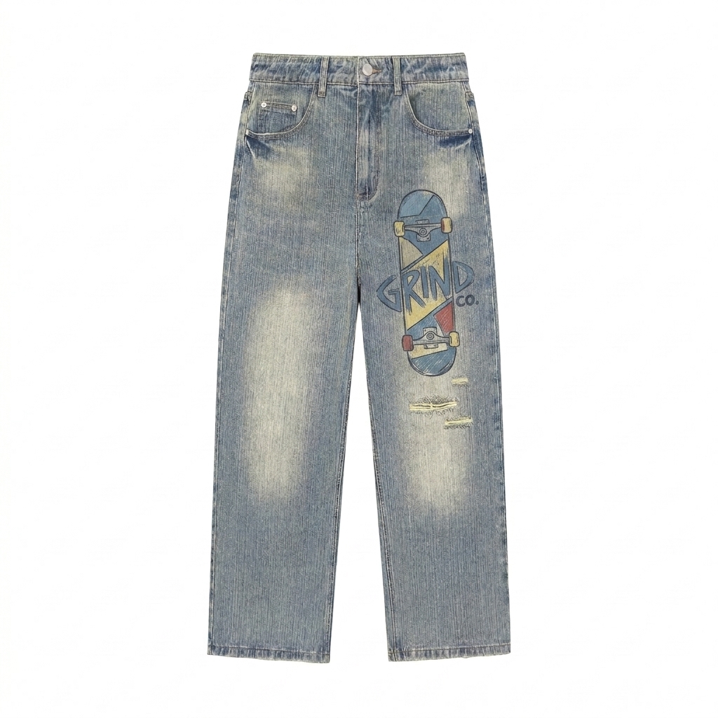 Custom Distressed Vintage Wash Denim Jeans design direction 2: Skateboard Graphic featuring the GRIND CO. wordmark