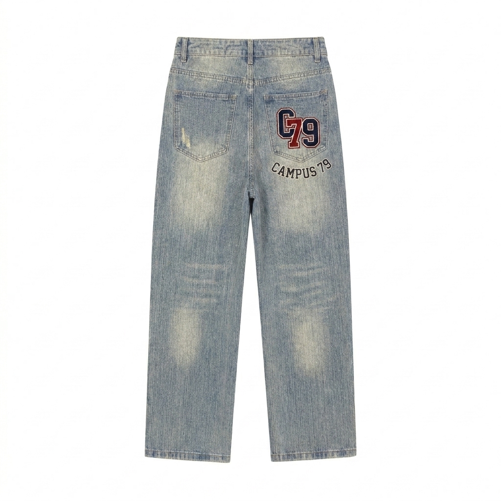 Custom Distressed Vintage Wash Denim Jeans design direction 3: Retro Collegiate Emblem featuring the CAMPUS 79 wordmark