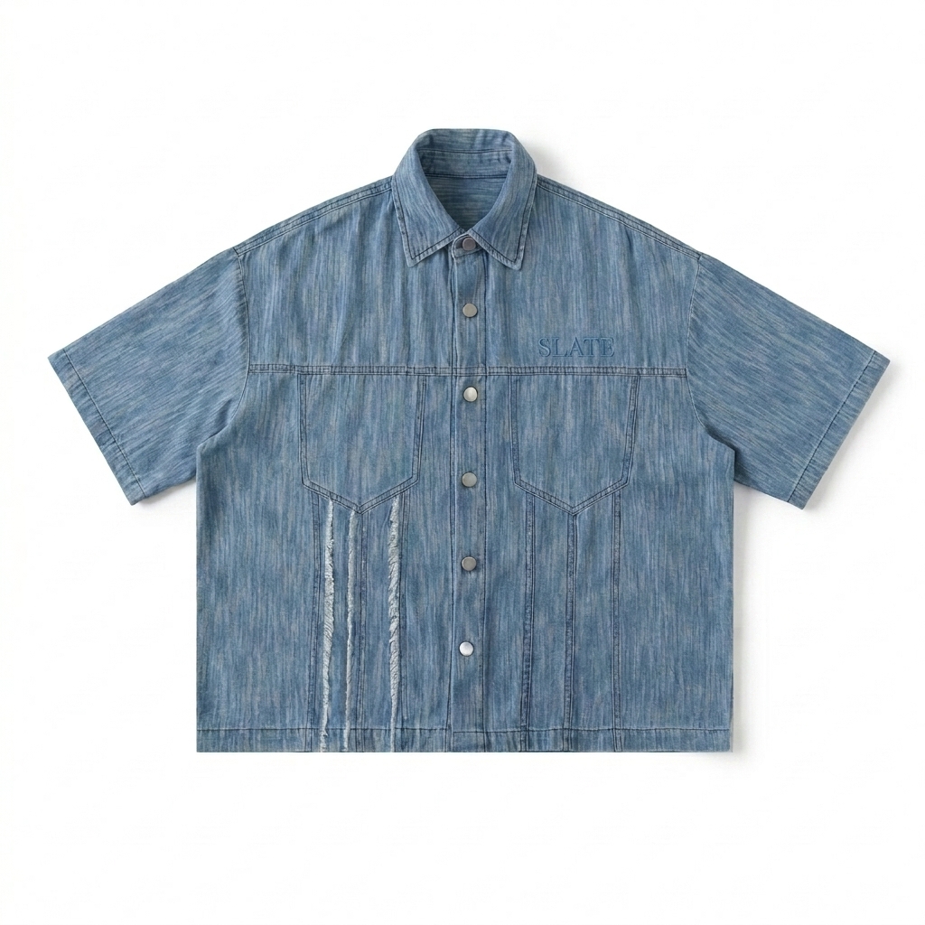 Custom Distressed Wash Short-Sleeve Shirt design direction 1: Tonal Minimalist Wordmark featuring the SLATE wordmark