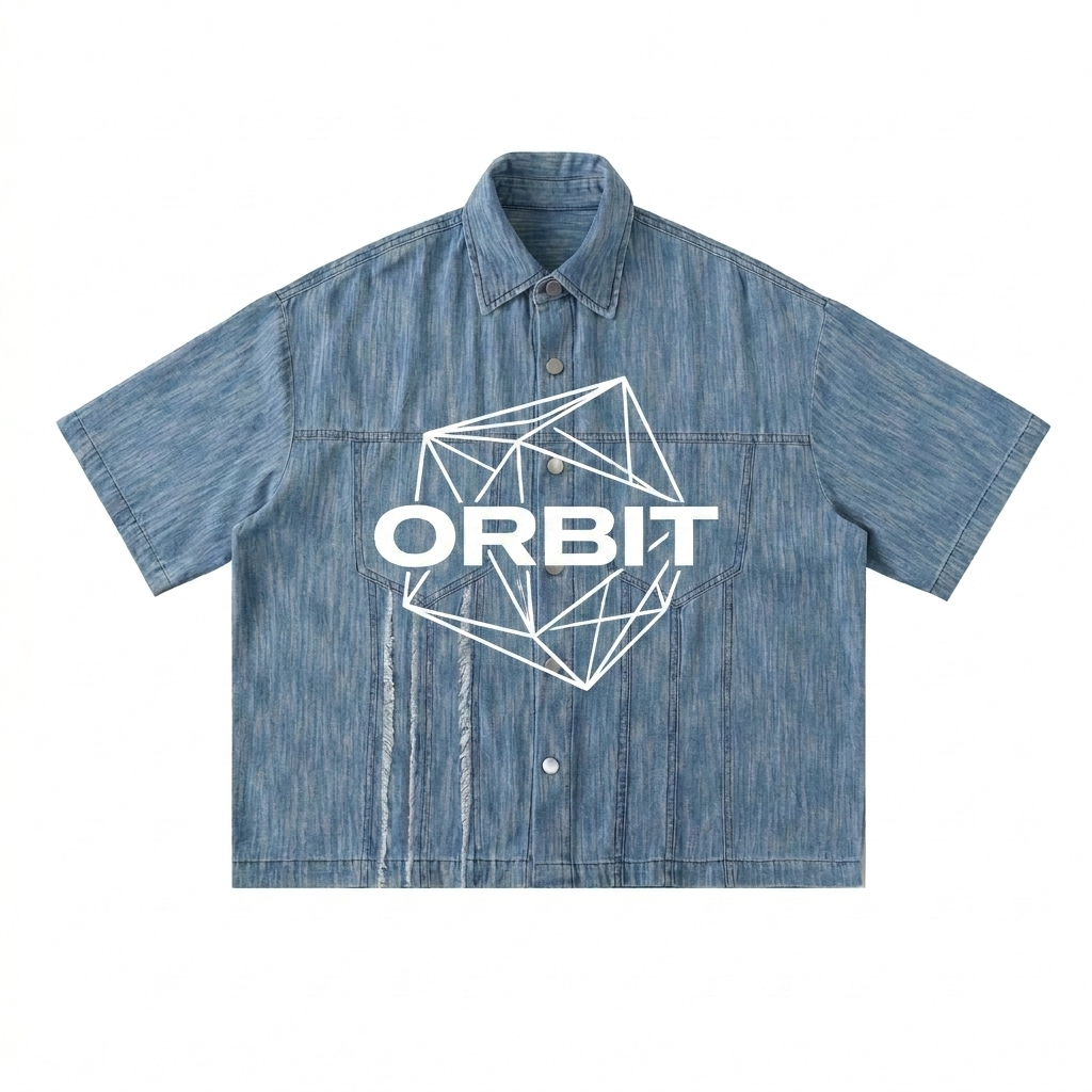Custom Distressed Wash Short-Sleeve Shirt design direction 2: Bold Graphic Illustration featuring the ORBIT wordmark