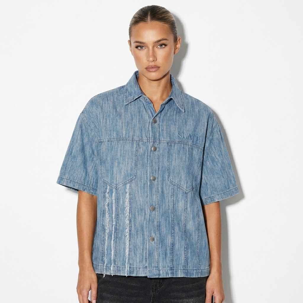Distressed Wash Short-Sleeve Shirt worn by a toned Australian female fashion influencer, y2k revival styling, studio lookbook — custom distressed wash short-sleeve shirt