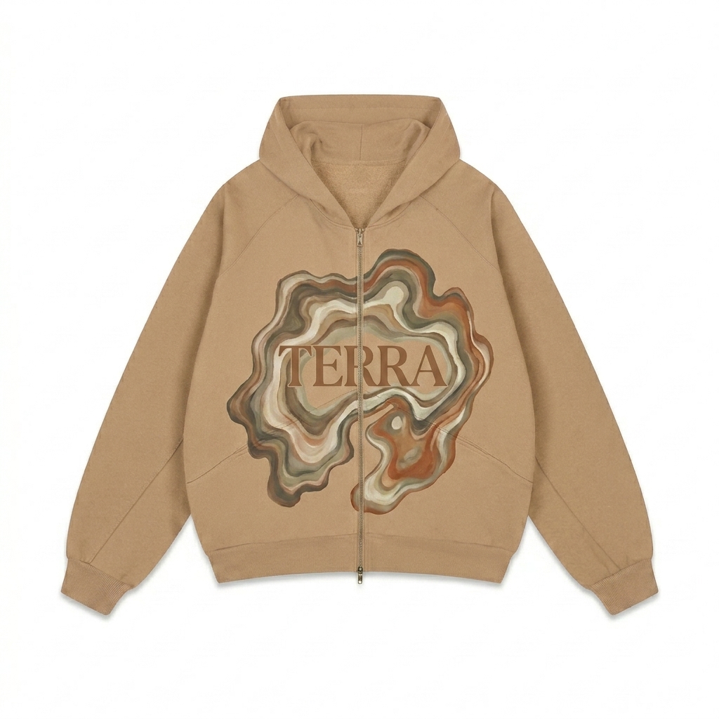 Custom Dolman Sleeve Zip-Through Hoodie design direction 2: Bold Abstract Graphic featuring the TERRA wordmark