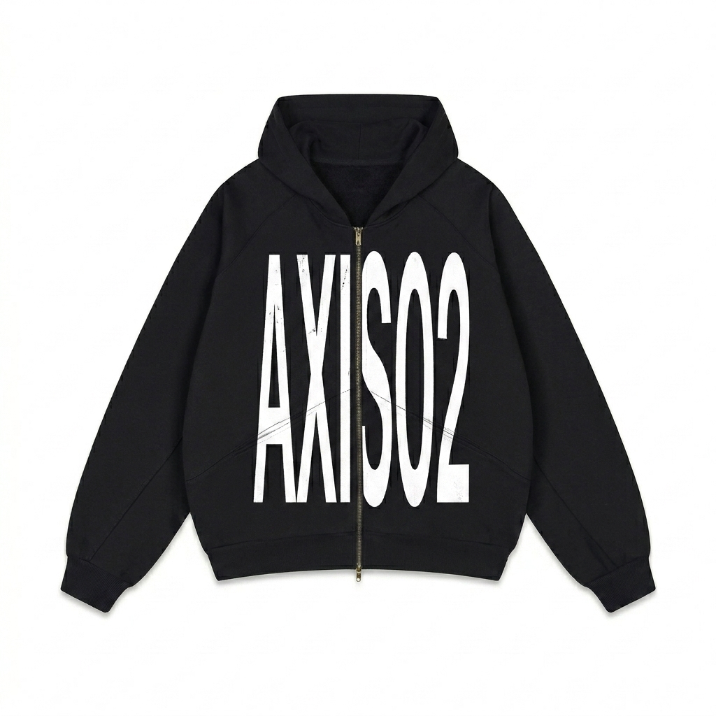 Custom Dolman Sleeve Zip-Through Hoodie design direction 3: Vertical Typography Experiment featuring the AXIS 02 wordmark