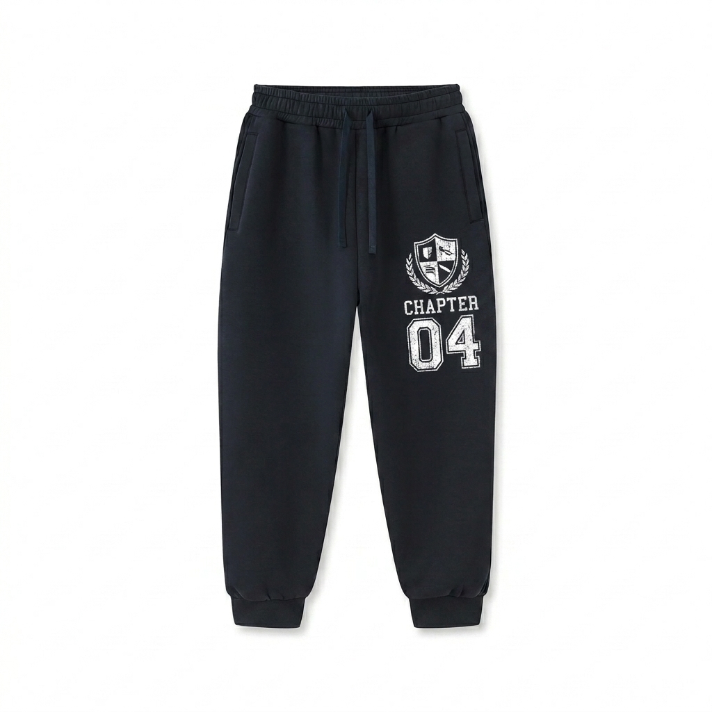 Custom Drawstring Jogger Sweatpants design direction 2: Vintage Collegiate Graphic featuring the CHAPTER 04 wordmark