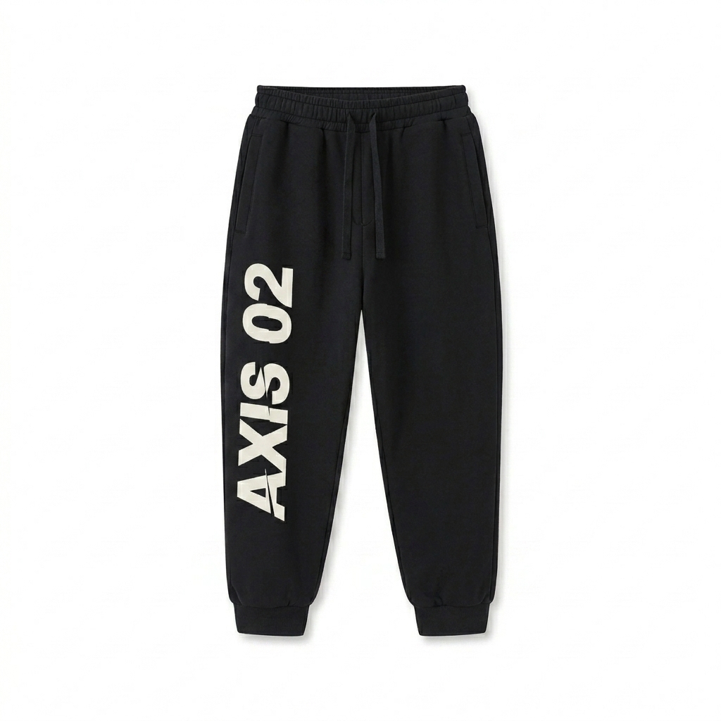 Custom Drawstring Jogger Sweatpants design direction 3: Abstract Typography Panel featuring the AXIS 02 wordmark