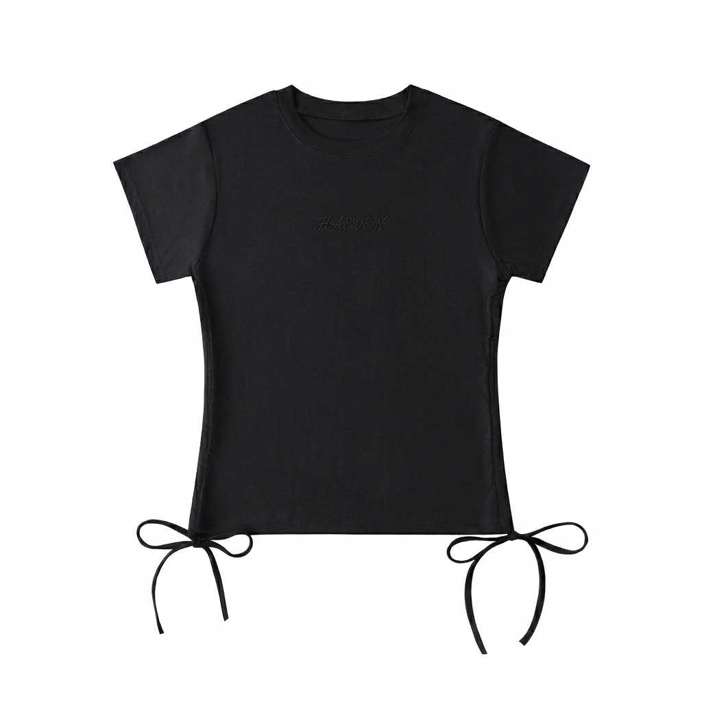 Custom Drawstring T-Shirt design direction 1: Subtle Script Wordmark featuring the HAEVEN wordmark