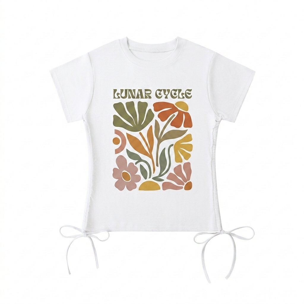 Custom Drawstring T-Shirt design direction 2: Abstract Floral Motif featuring the LUNAR CYCLE wordmark