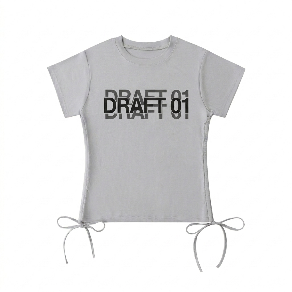 Custom Drawstring T-Shirt design direction 3: Deconstructed Sans-Serif featuring the DRAFT 01 wordmark