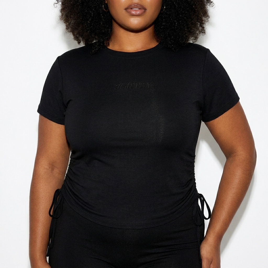 Drawstring T-Shirt worn by a curvy Afro-Caribbean female fashion influencer, preppy ivy styling, studio lookbook — custom drawstring t-shirt
