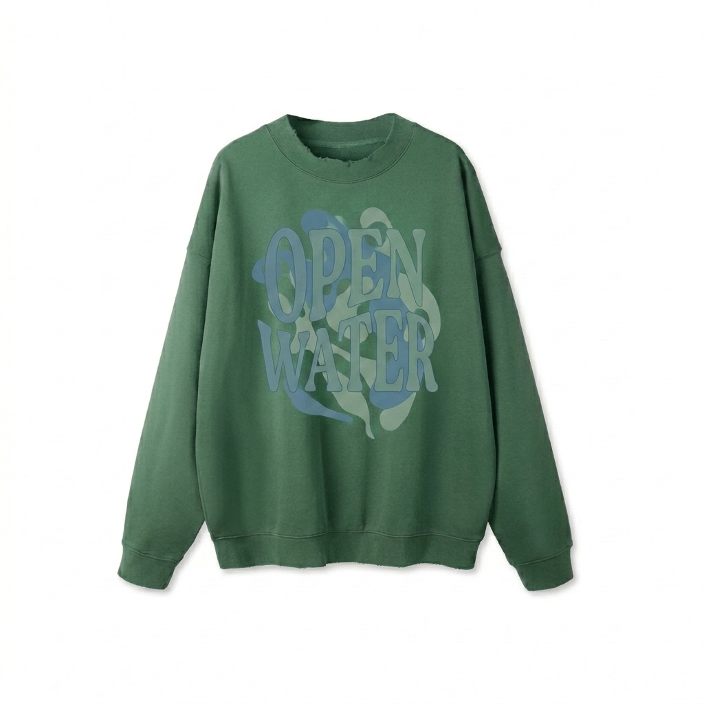 Custom Drop Shoulder Crewneck Sweatshirt design direction 2: Bold Abstract Graphic featuring the OPEN WATER wordmark
