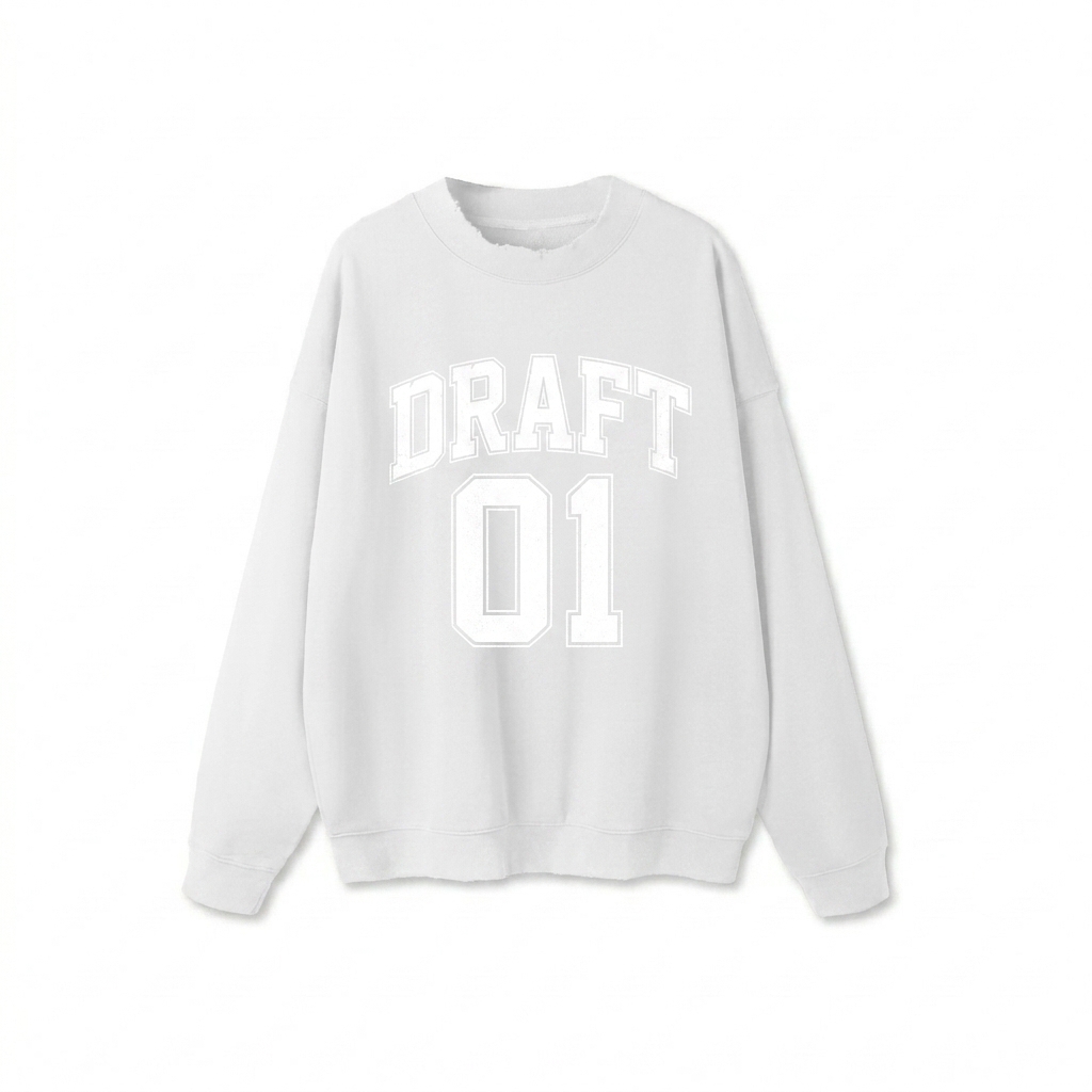 Custom Drop Shoulder Crewneck Sweatshirt design direction 3: Retro Collegiate Emblem featuring the DRAFT 01 wordmark