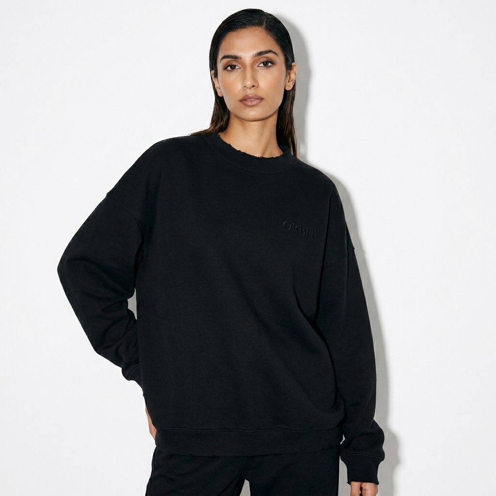 Drop Shoulder Crewneck Sweatshirt worn by a slim tall Pakistani female fashion influencer, sporty athleisure styling, studio lookbook — custom drop shoulder crewneck sweatshirt