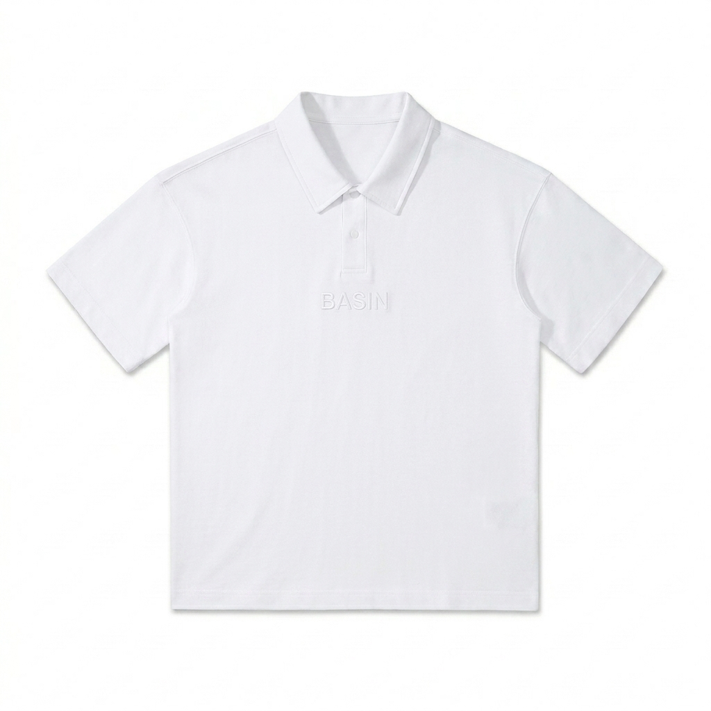 Custom Drop Shoulder Short-Sleeve Polo design direction 1: Tonal Text Statement featuring the BASIN wordmark