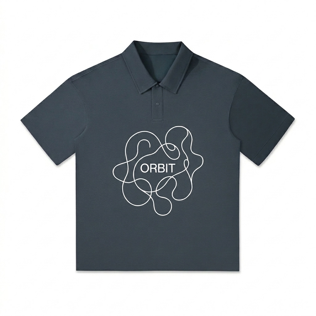 Custom Drop Shoulder Short-Sleeve Polo design direction 2: Abstract Line Art featuring the ORBIT wordmark