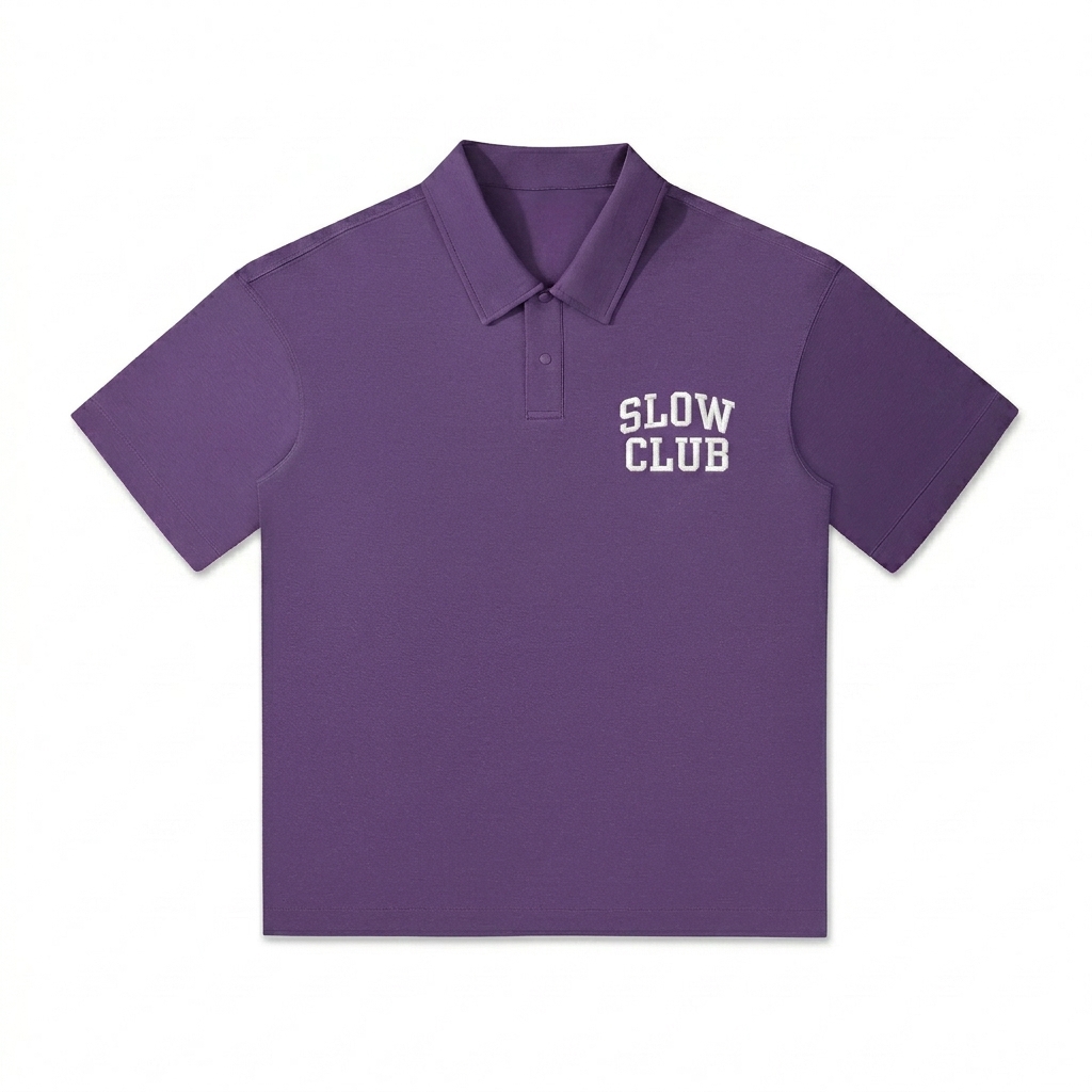 Custom Drop Shoulder Short-Sleeve Polo design direction 3: Varsity Lettering featuring the SLOW CLUB wordmark