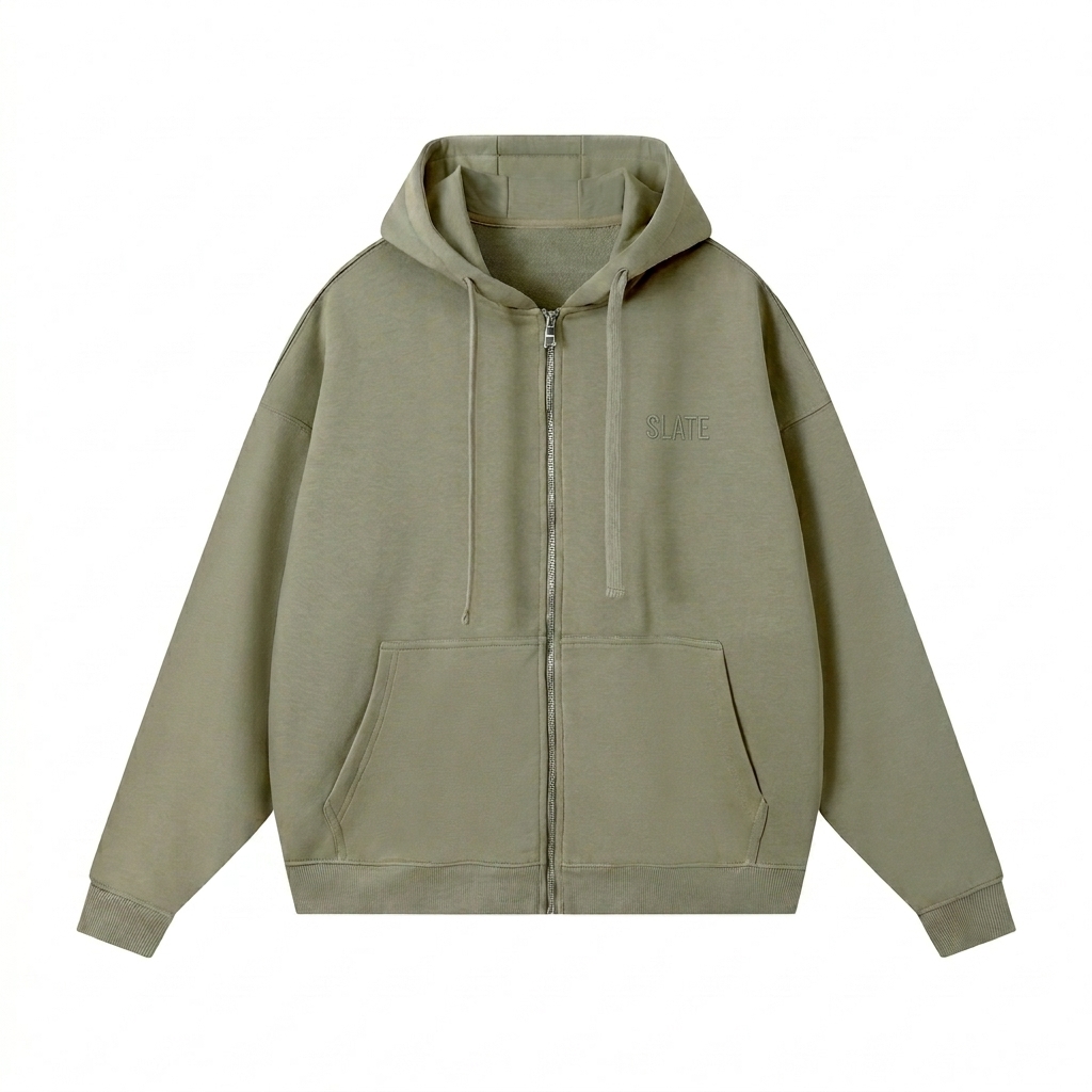Custom Drop-Shoulder Zip-Up Hoodie design direction 1: Tonal Minimalist Wordmark featuring the SLATE wordmark