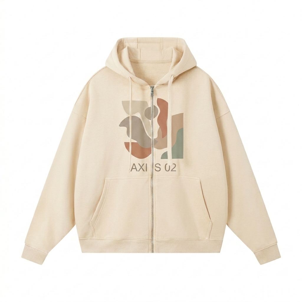 Custom Drop-Shoulder Zip-Up Hoodie design direction 2: Bold Abstract Graphic featuring the AXIS 02 wordmark