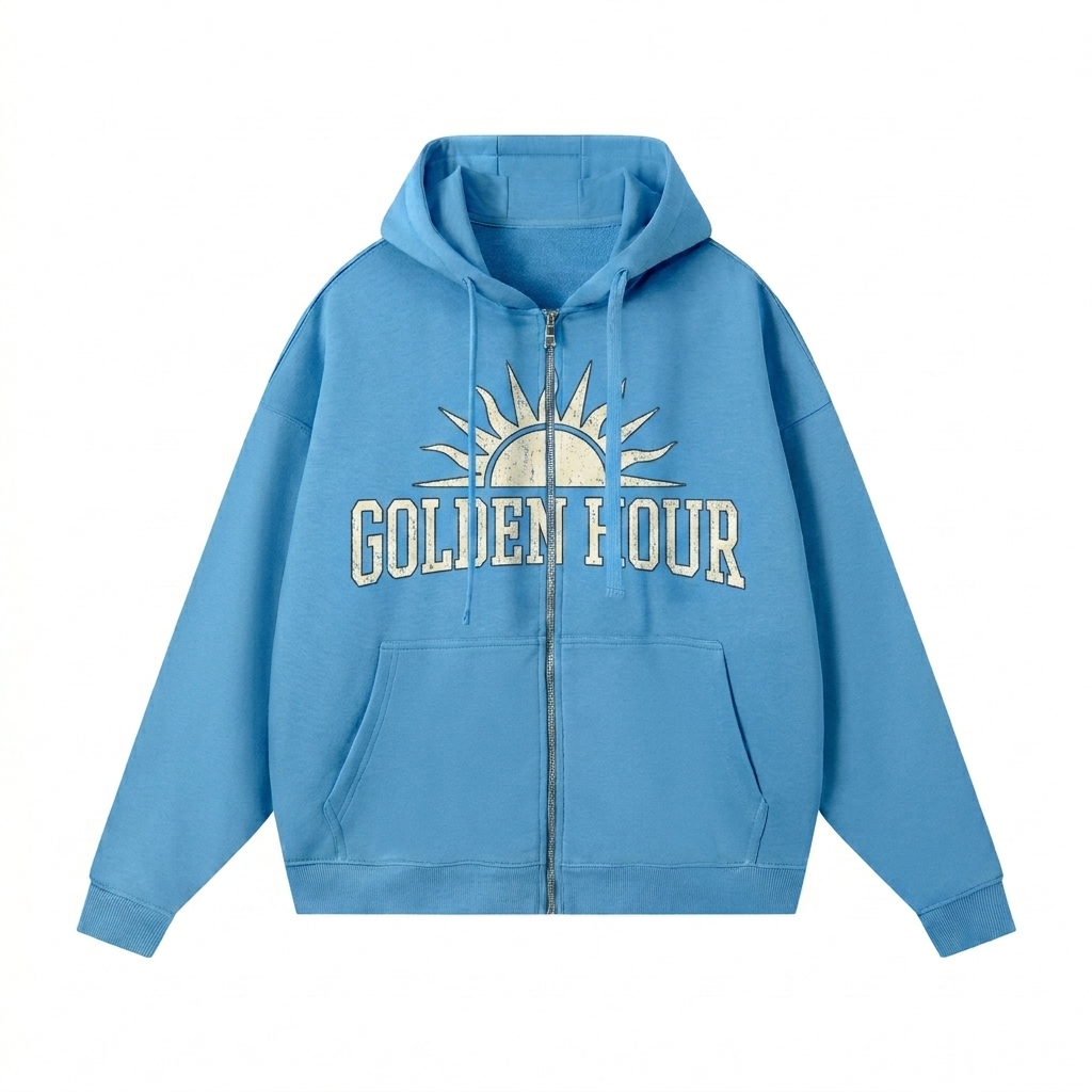 Custom Drop-Shoulder Zip-Up Hoodie design direction 3: Retro Collegiate Emblem featuring the GOLDEN HOUR wordmark