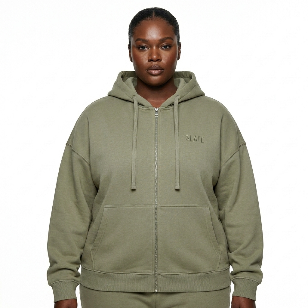 Drop-Shoulder Zip-Up Hoodie worn by a broad-shouldered Black female fashion influencer, downtown streetwear styling, studio lookbook — custom drop-shoulder zip-up hoodie